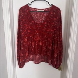 Women's Flowy Red‎ Floral Blouse Floral Peasant Top Fall Winter Size Medium